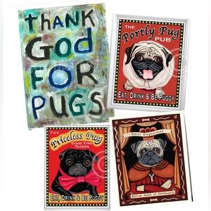 Lot 4 Pug Dog Art Prints Dug Nap Retro Pets 3 8x10, 1 8.5x11 Unframed Pugs Decor